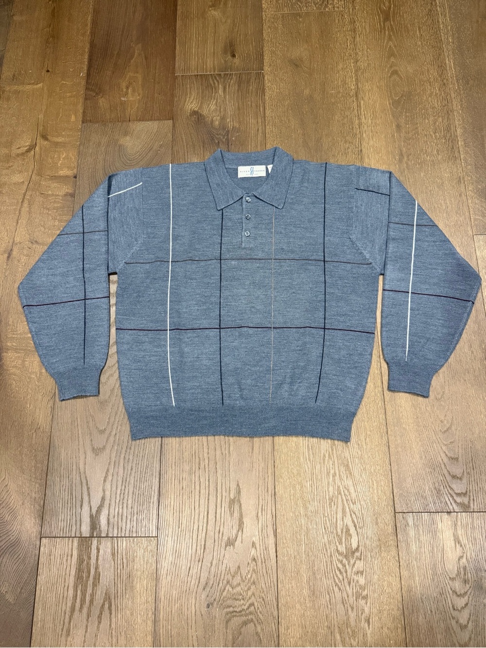 Vintage River Trader Grid Plaid Long Sleeve Knit Polo Sweaters